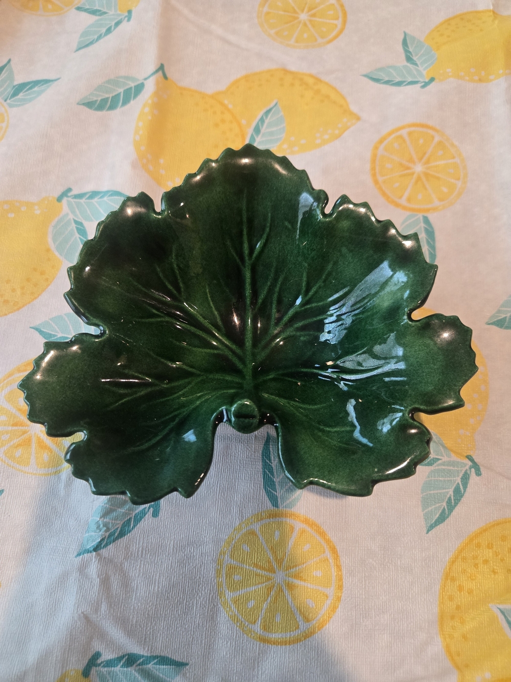 vintage handmade green ceramic leaf dish features a high-gloss majolica-style